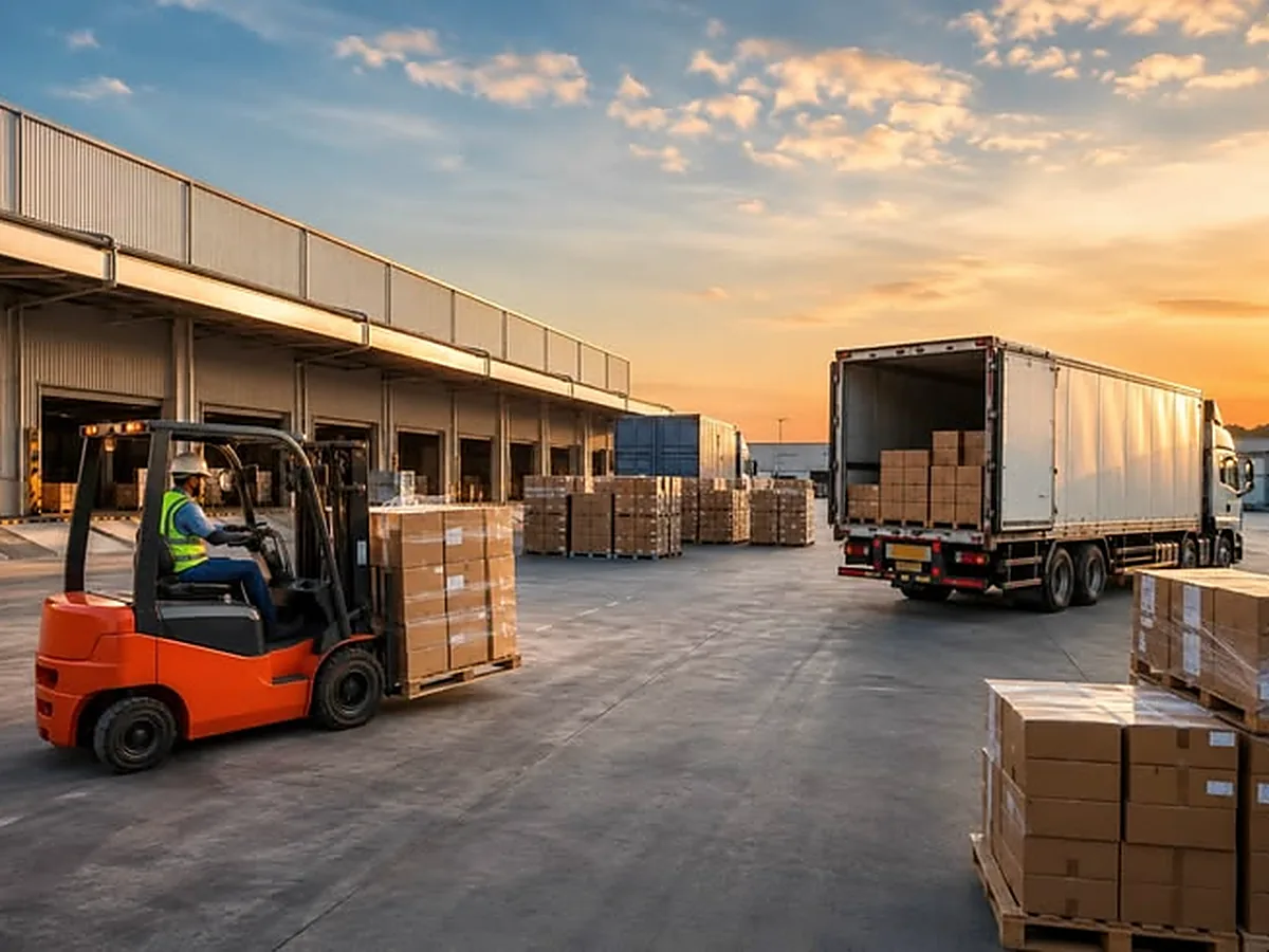 Plateforme logistique : chariot élévateur et camion chargé de cartons sur palettes