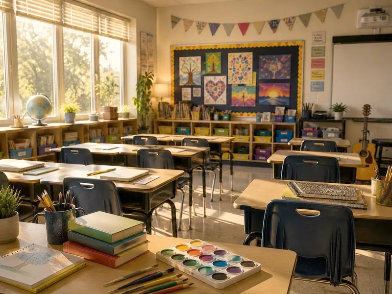 Salle de classe équipée de pupitres, d'un tableau blanc et de fournitures